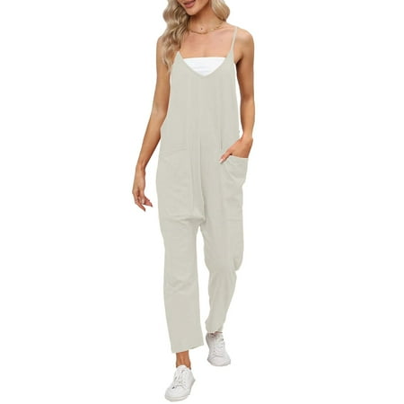 

Yuwegr Jumpsuits For Women Summer Casual Stretchy Rompers Strap Solid Jumpsuit With Pocket V-neck Loose Dressy Bodysuit Grey L