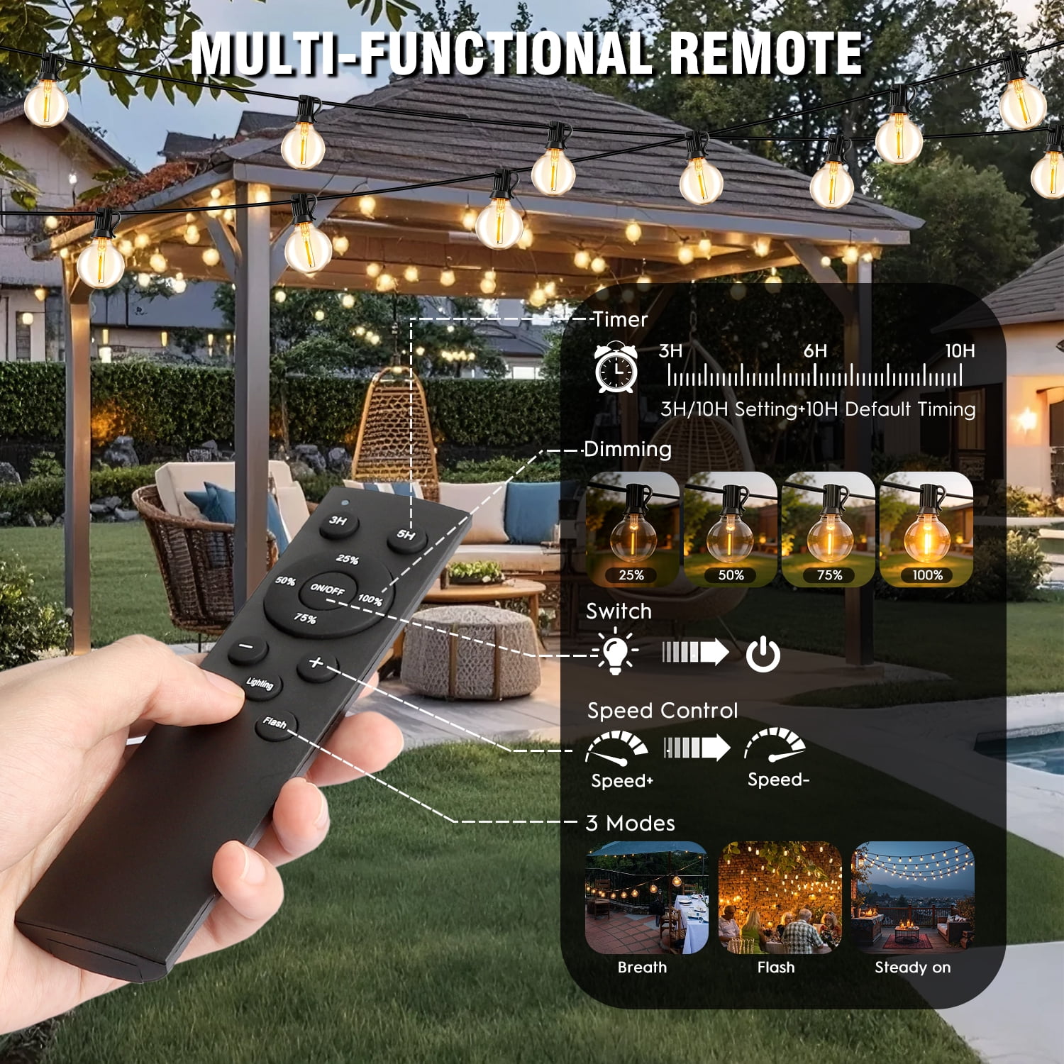 Mibote Solar Outdoor String Lights, 100FT 50 G40 Bulbs Shatterproof Patio Lights,IP44 Waterproof,Dimmable ,Remote Control for Patio Garden
