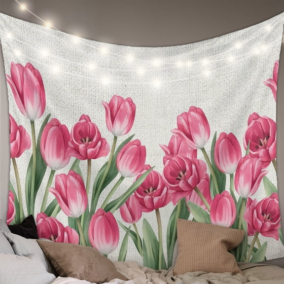 Pink Tulip Flower Large Tapestry for Bedroom Wall Hanging Tapestry,Spring Floral Leaves Plants Retro Beige Ceiling Backdrop Tapestries Poster Blanket Wall Decor for Teens Room Living Room 86" x 104"