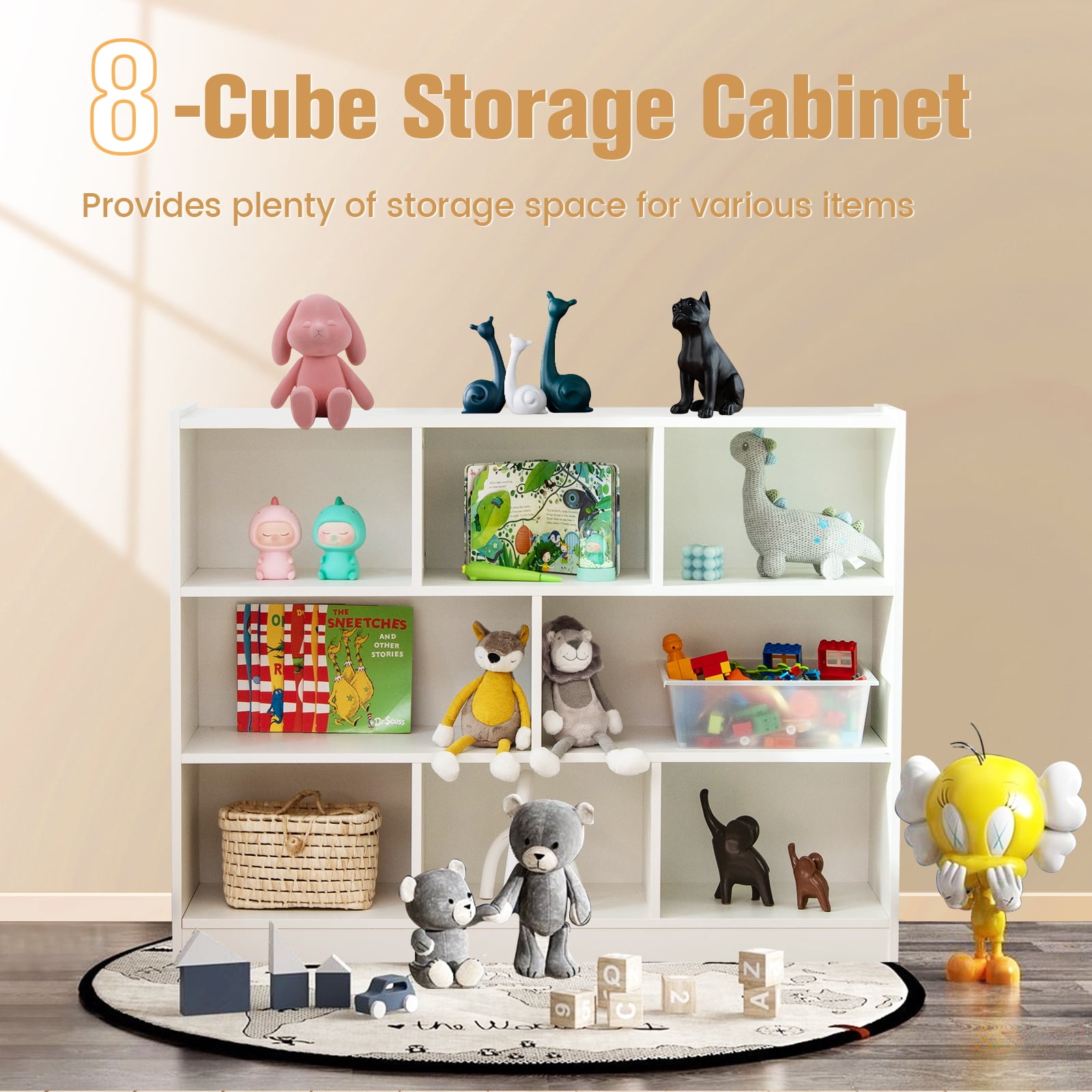 Topbuy Wood Storage Cube Bookcase 3 Tier 8 Cube Open Shelf Storage Cabinet with Anti-Toppling Devices Multipurpose Bookshelf White