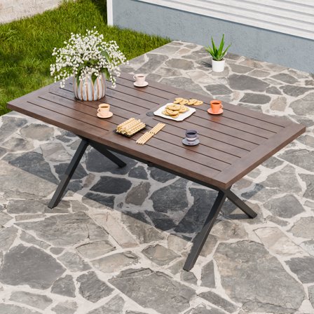 EAGEL PEAK Sienna Bay Solid Wood Patio Dining Table for 6 Persons, Slatted Rectangular with Umbrella Hole, All-Weather Tables for Outside & Garden & Porch & Lawn & Backyard, Dark Brown