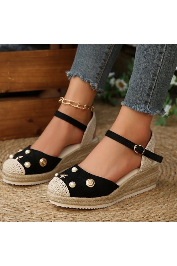Womens Pearl Embellished Straw Wedge Sandals with Open Back Buckle, Natural Jute Espadrille Style Heels for Summer Wedding Beach Vacation
