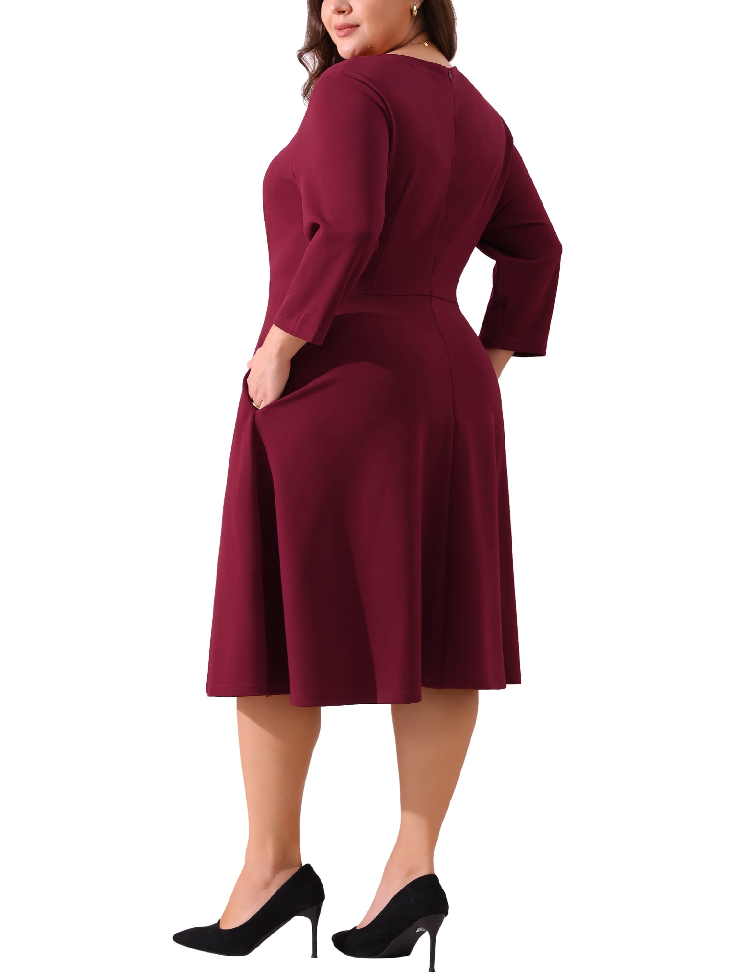 DARING DIVA Plus Size Midi Notched V Neck 3/4 Sleeve A-Line Dress 3X Burgundy