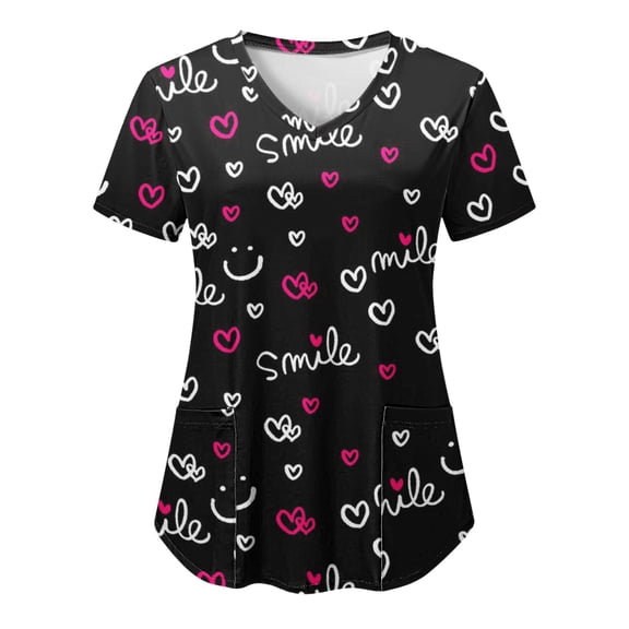 Womens Scrubs V-Neck Medical Scrub Top Short Sleeve Plus Size Blouse Workwear Scrubs Cute Cartoon Print Nurse Uniform Shirts with Pockets