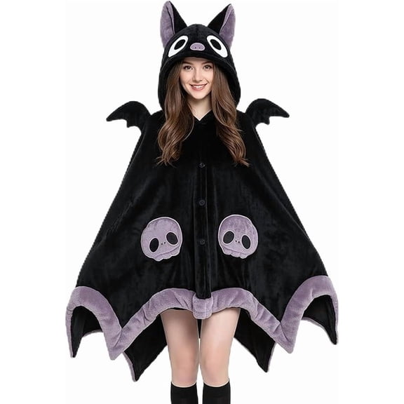 Anime Wearable Bat Blanket Hoodie for Adults Cute Halloween Devil Bat Hooded Blanket Oversized Soft Sherpa Hoodie Women Throw Cloak Wrap with Demon Wings for Women Men Child Student, Free Size
