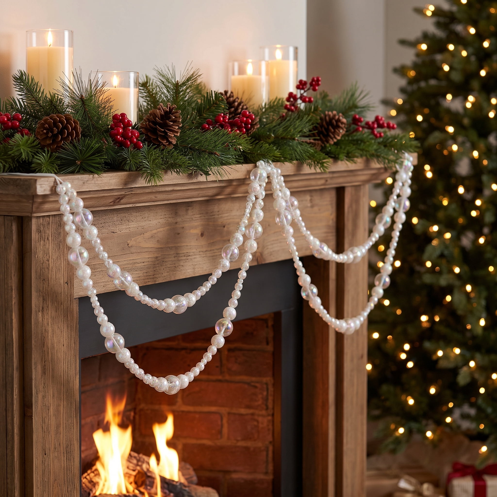 Plastic Bead Christmas Garland, Iridescent White and Clear, 6', by Holiday Time