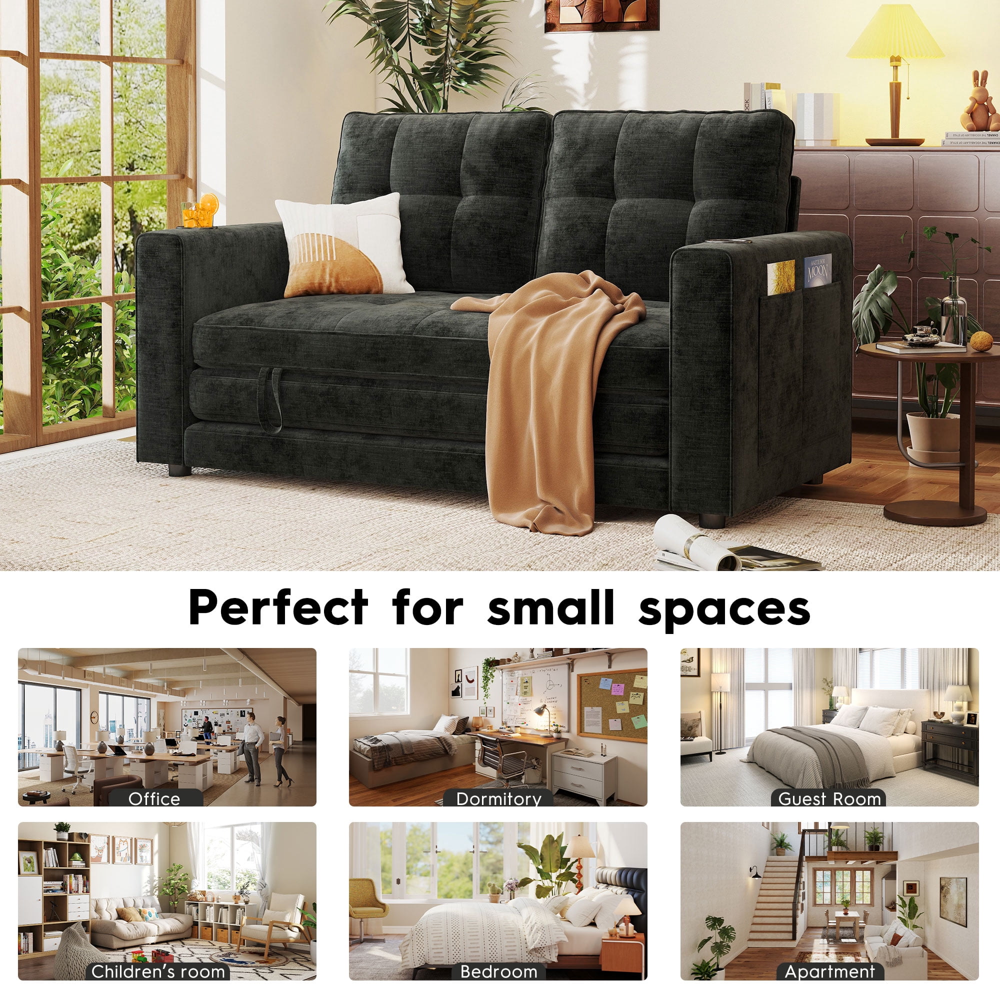 BedLuxury 55" Foldable Loveseat Futon Sofa Bed with Cup Holder & Storage Pocket, Sleeper Couch, Space Saving, Chenille Black
