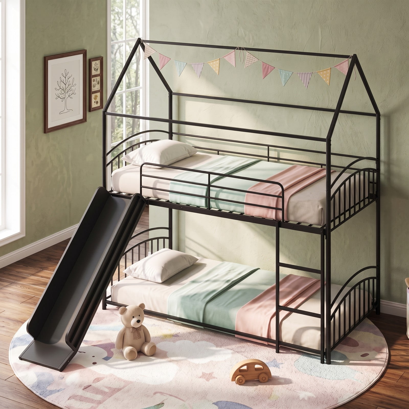 Furnibear Twin Over Twin House Bunk Bed with Slide Ladder and Heavy-duty Metal Slats for Kids and Shared Bedrooms, Black