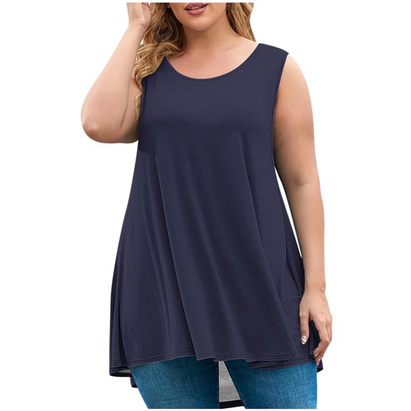 ZUKMRJPC Womens Plus Size Short Sleeve Tops Crewneck Sleeveless Swing Tunic Tops Loose Fit Casual Trendy Pleated Flowy Tank Tops