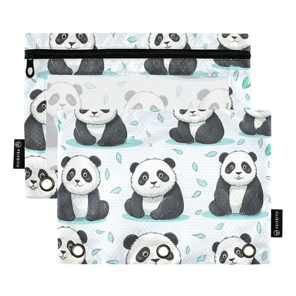 2 Pack Pencil Pouch for 3 Ring Binder Zipper Pencil Case Pandas and Leaves Clear Window Pencil Bag Organizers