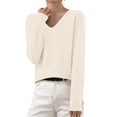 thumbnail image 3 of Dwellite Sweaters for Women V Neck Long Sleeve Fall Casual Tops Knit Soft Lightweight Crop Sweaters for Fall and Work Beige -AE05 XL, 3 of 7