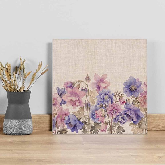 Pink Blue Spring Floral Wall Art Painting on Canvas, Rustic Summer Flower Botanical Canvas Art Home Prints Wall Art Framed Modern Artwork for Living Room Bedroom Wall Decor 12x12in