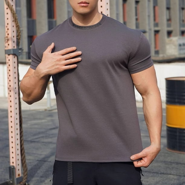 Blusas y camisas de manga corta y cuello redondo para hombre. Blusas casuales de verano para hombre, de manga corta, de color liso, con cuello redondo, para fitness. Blusas de poliéster para hombre.
