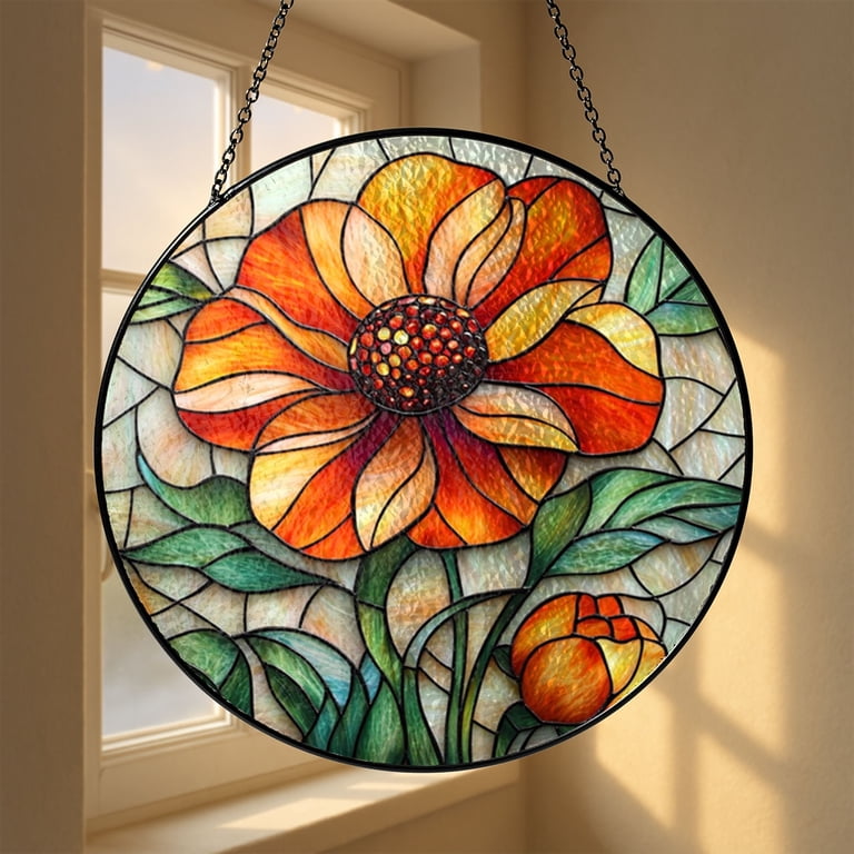 Floral Zinnia Window Hanging – Stained Glass Style Garden Art