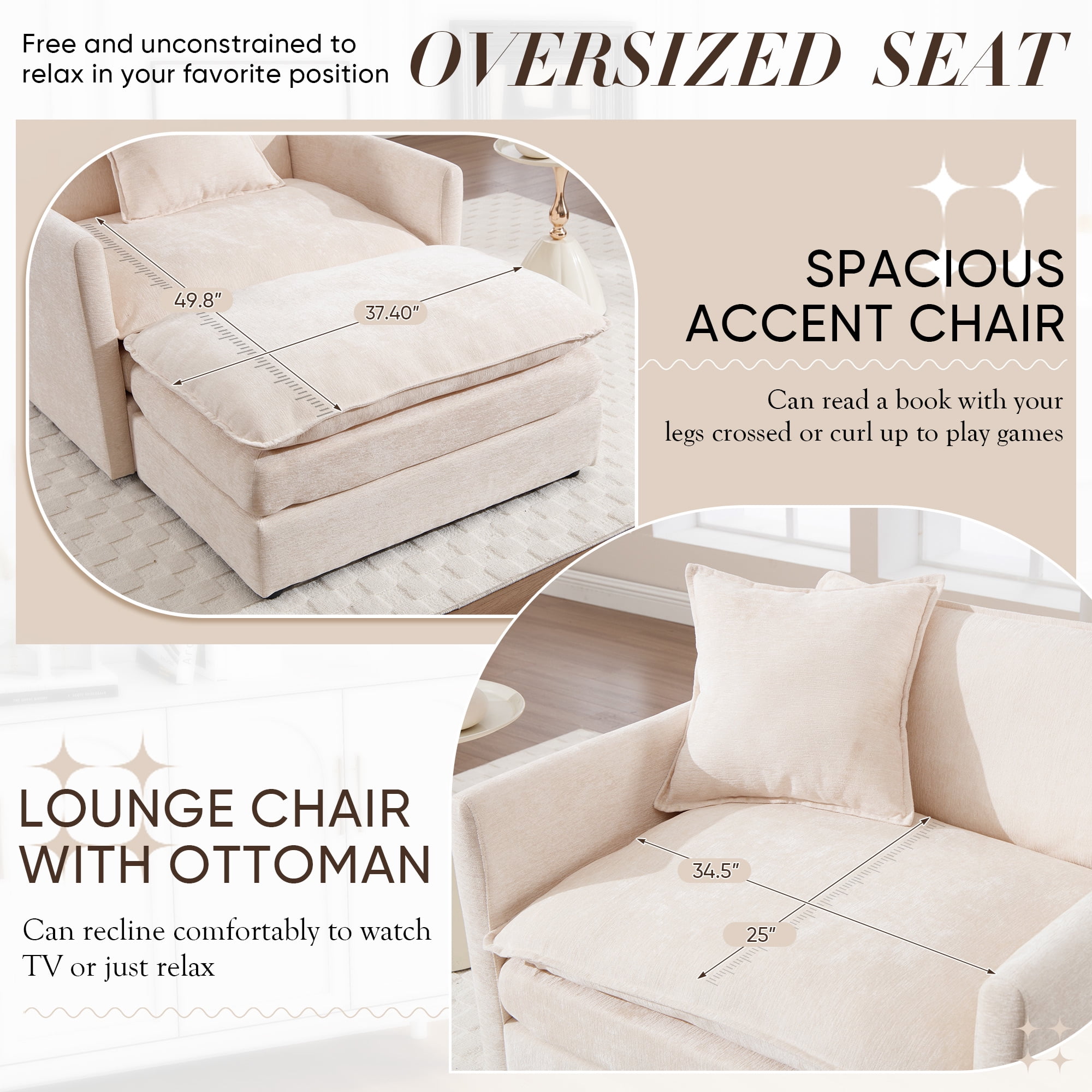 Lunale Oversized Accent Chair with Ottoman, Comfy Reading Armchairs for Living Room, Bedroom, Beige Chenille