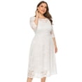 thumbnail image 4 of Vestido de noche de talla grande para mujer, estilo vintage con encaje floral, manga 2/3, falda de largo medio y bolsillos de encaje calados (blanco)., 4 of 5