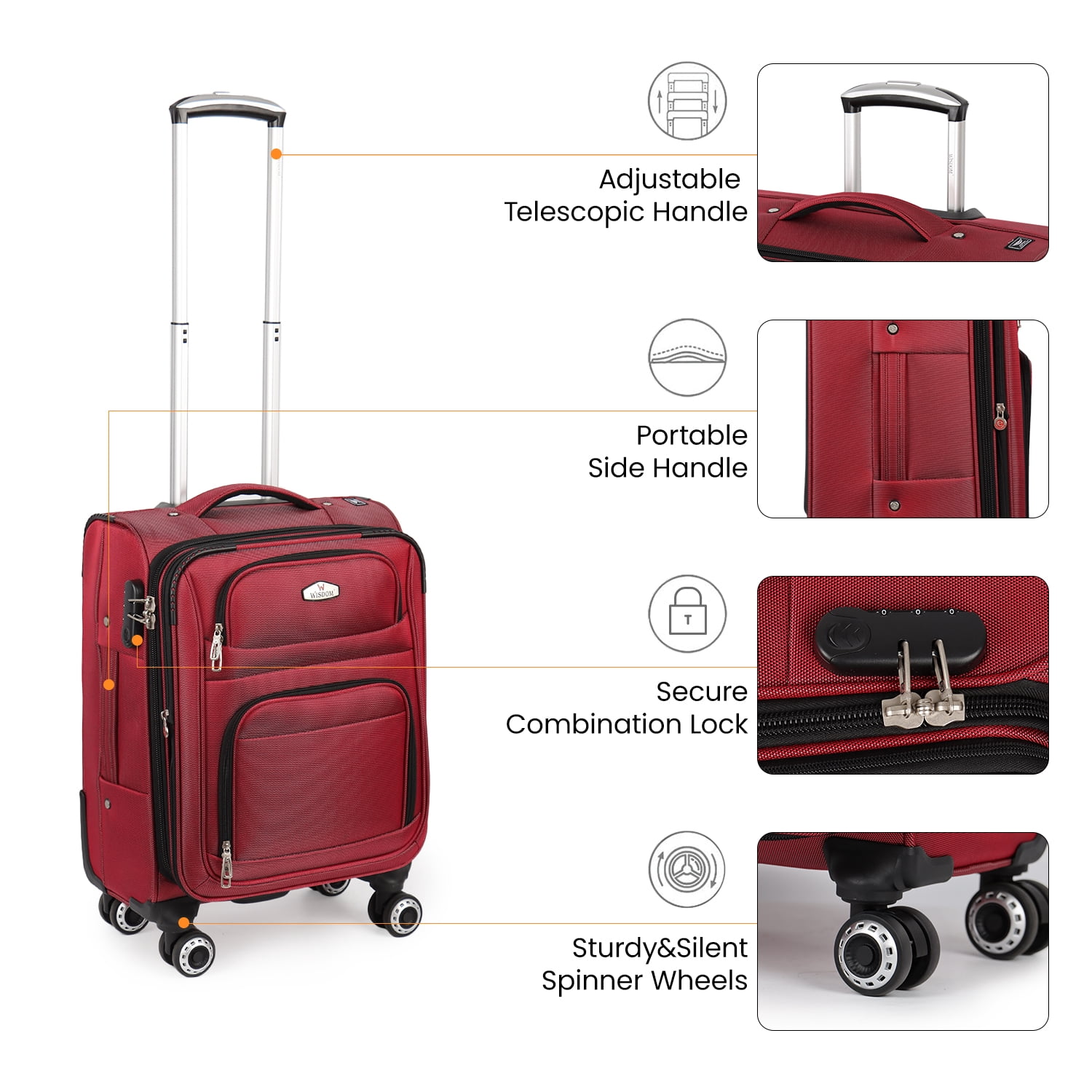 20" Softside Carry-On Luggage Lightweight Expandable Suitcase with Spinner Wheels & Front Pocket,Red - WD1622