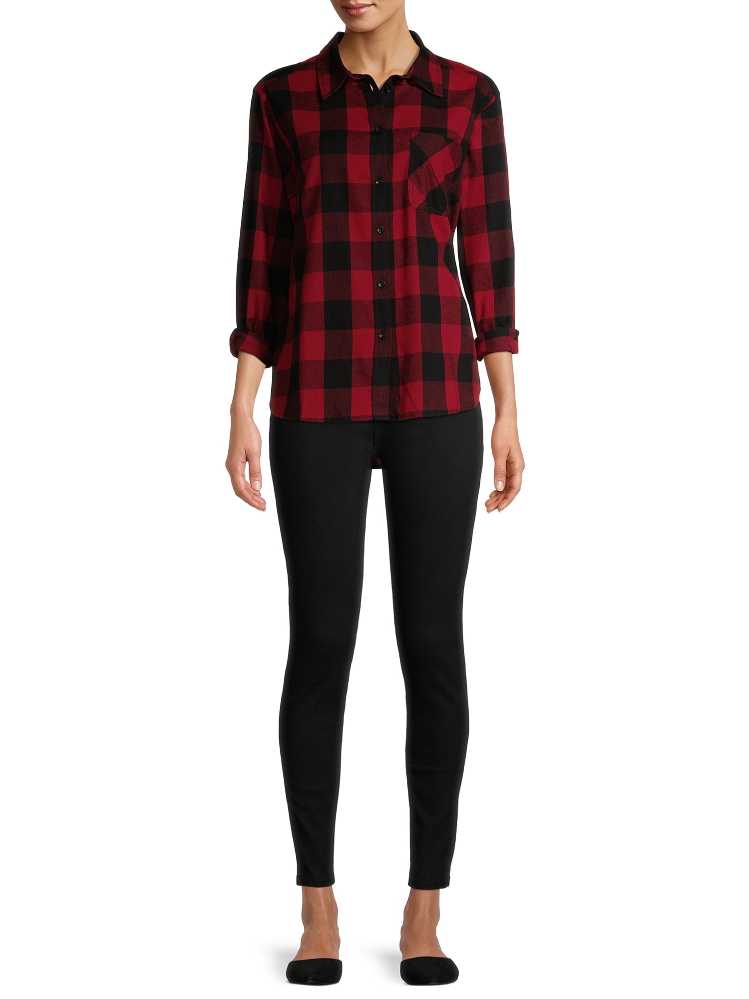 Time and Tru Women's Plaid Flannel Button Front Shirt