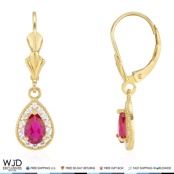14K Yellow Gold Birthstone Milgrain Halo Teardrop Dangle Leverback