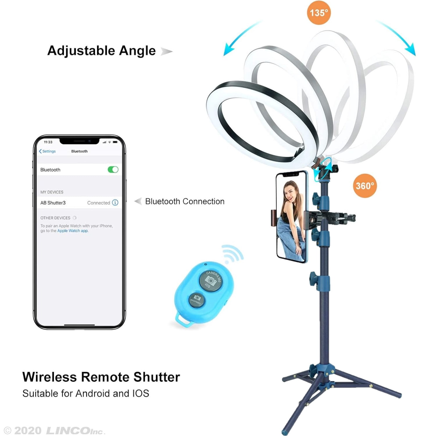 LINCO Dimmable Ring Light Heavy Duty Selfie Stick Tripod Bluetooth Remote 60" for Live Streaming YouTube Video Photography