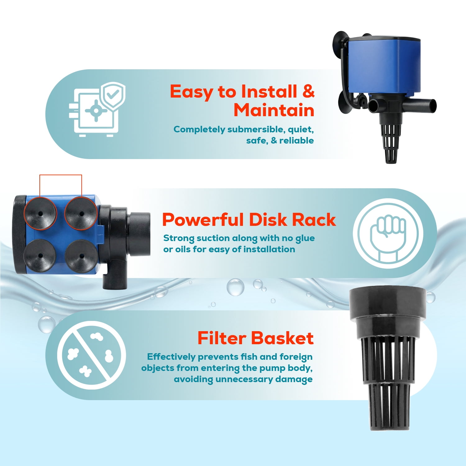 475 GPH Submersible Aquarium Filter Pump with Air Oxygenation, Sponge Filtration & Adjustable Water Flow