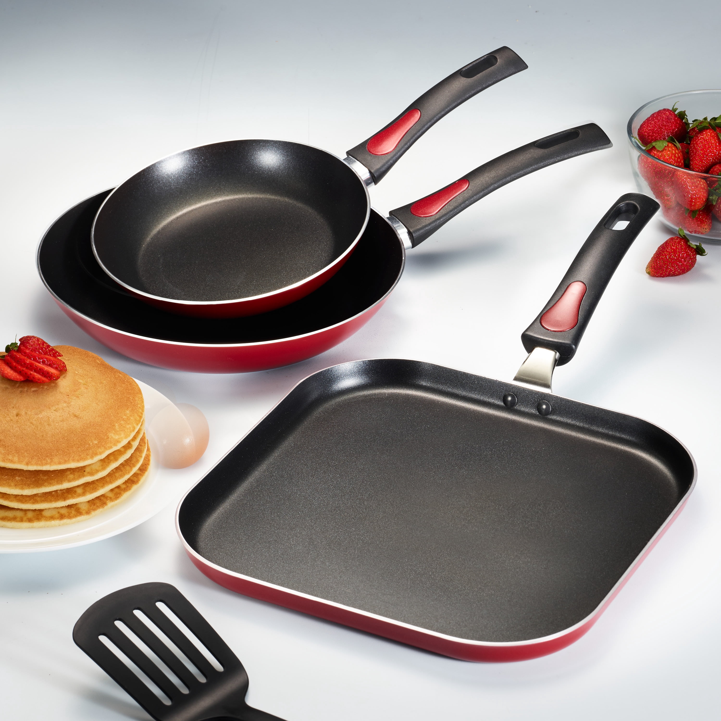 Tramontina Everyday Non-Stick Red Fry Pan & Griddle Set, 3 Piece, Black, Red