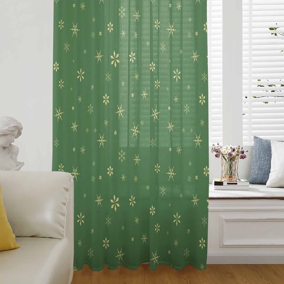 Christmas Green Semi Sheer Curtains Drapes for Living Room, Bedroom, French Doors Window 96 Inches Long, Winter Snowflakes Xmas Retro Rod Pocket Chiffon Curtain Drapery Voile Draperies Panel