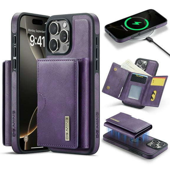 Decase 2 in 1 Magnetic Detachable Wallet Case Compatible with iPhone 16 Pro Max, Premium Leather RFID Blocking Flip Wallet Card Holder Shockproof Phone Case Supporting Wireless Charging,Purple