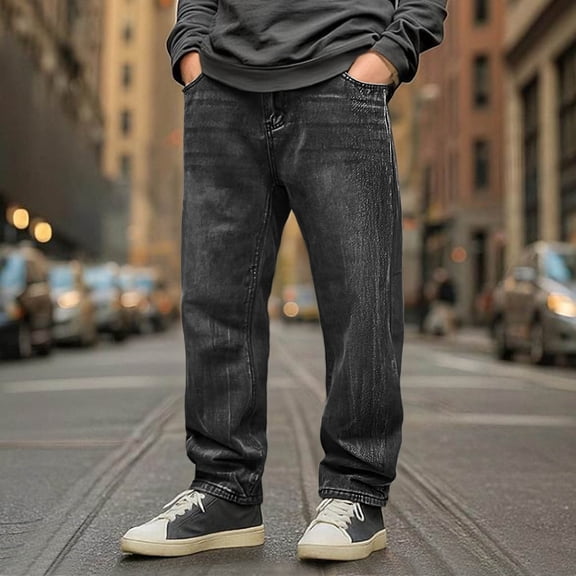 Juslio Mens Denim Straight Jeans Pocket Casual High Waist Black Jeans
