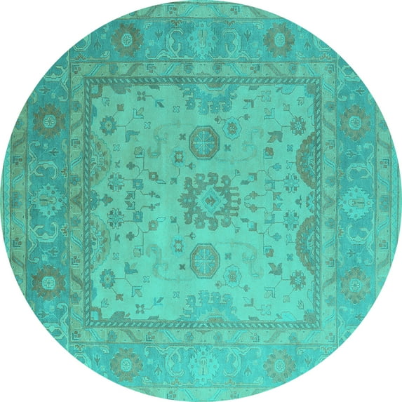 Ahgly Company Machine Washable Indoor Round Oriental Turquoise Blue Industrial Area Rugs, 4' Round