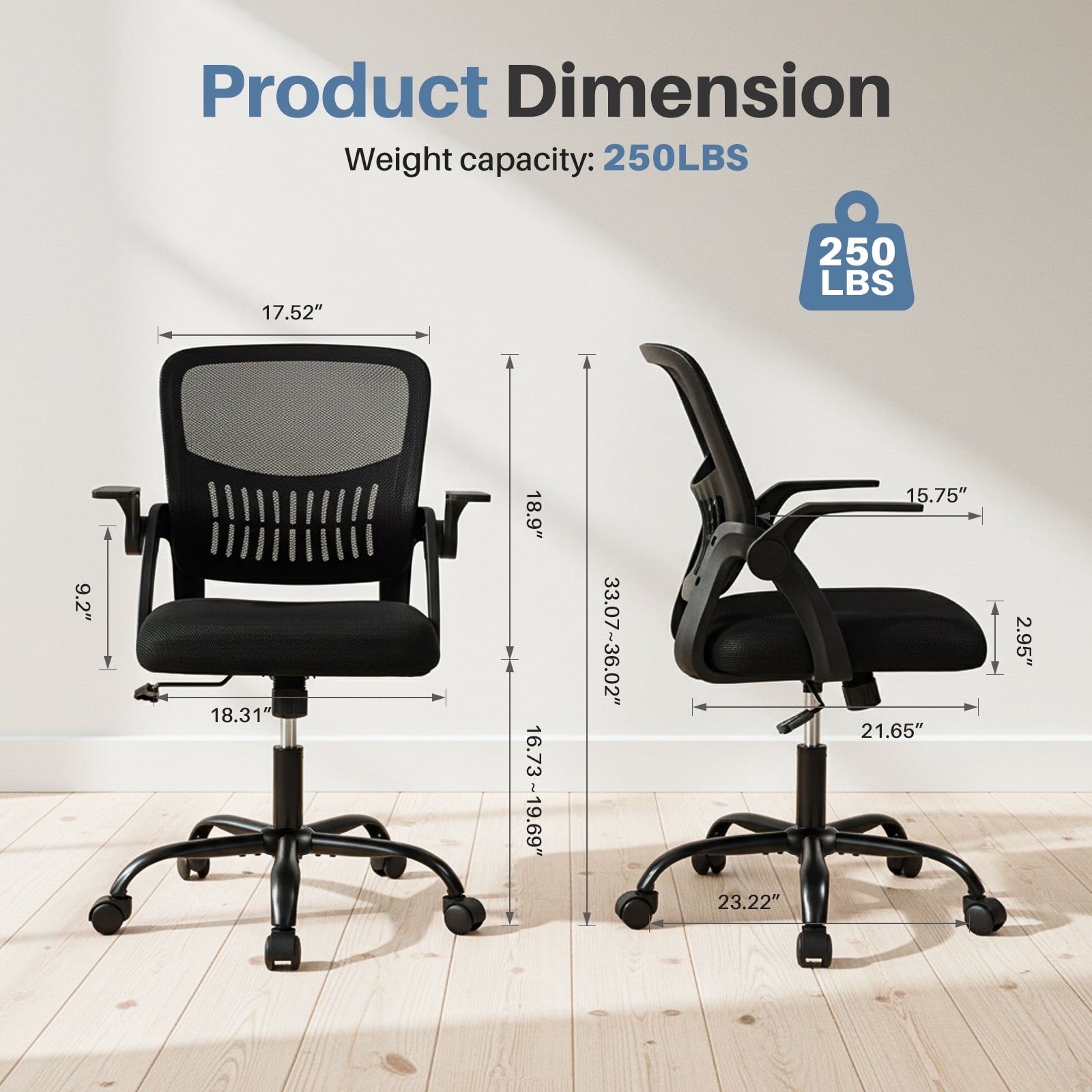 Flip-Up Armrest Fabric Computer Chair with Adjustable Rotating Backrest, Height Adjustable, 350 lbs Capacity, Multiple Colors