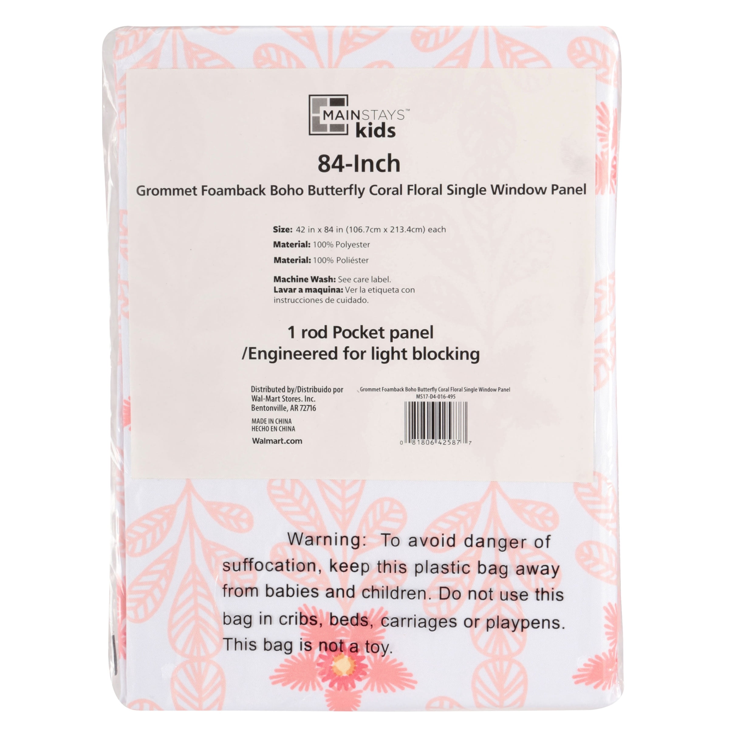 Mainstays Kids Room Darkening Boho Pink Floral Single Grommet Curtain Panel