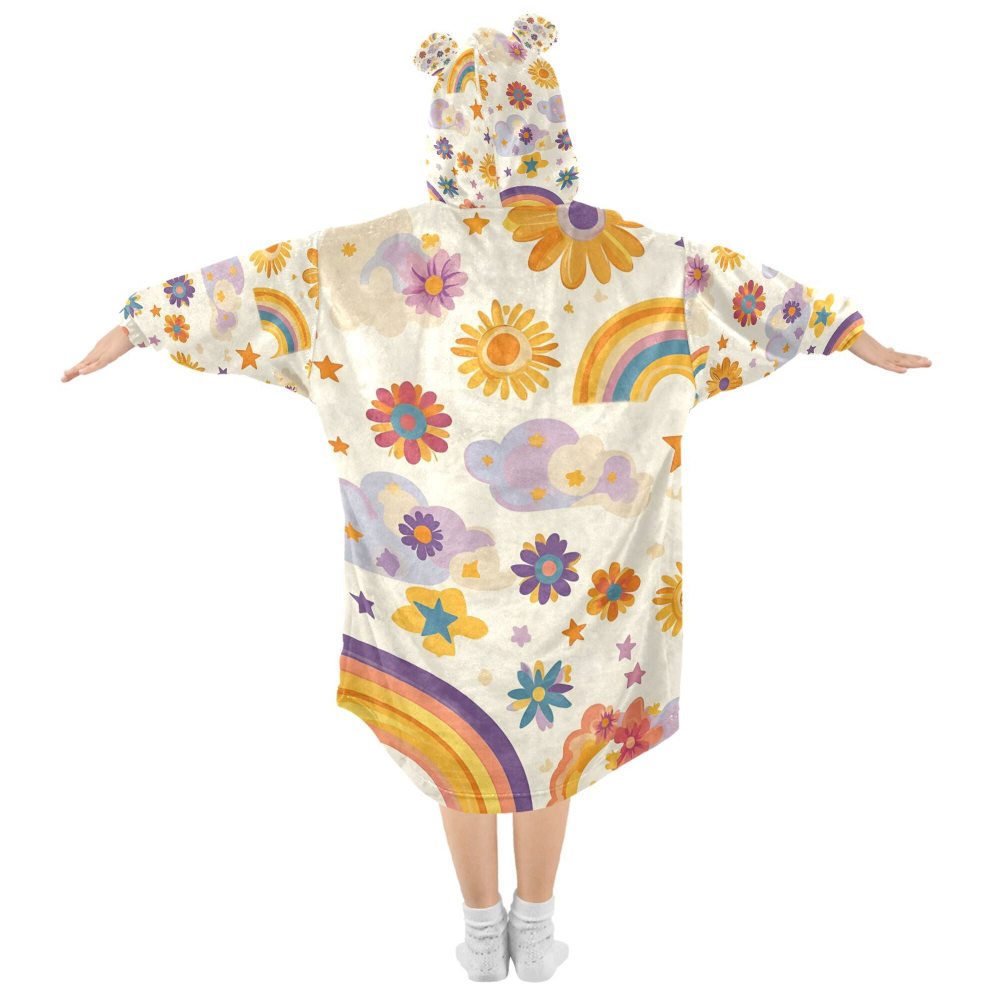 FORMRS Wearable Blanket Hoodie with Sleeves for Kids Cozy Flannel Sweatshirt, Beige Retro Rainbow