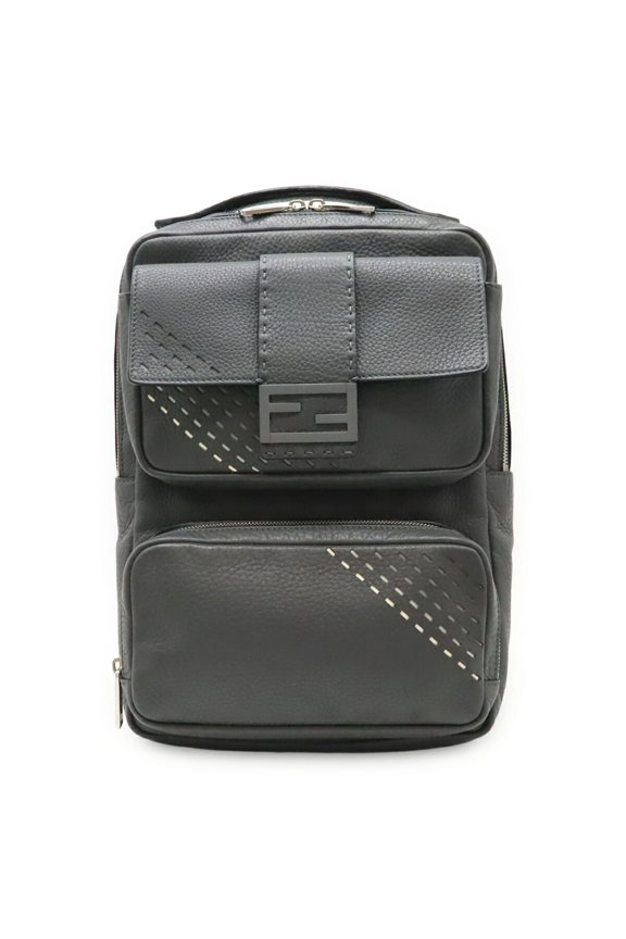 Pre-Owned FENDI Selleria FF Backpack, Leather, Gray, Black, 7VZ047 (Good)