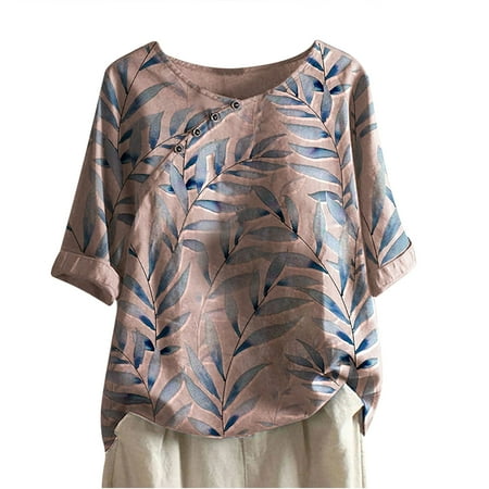 

Womens 3/4 Roll Sleeve Linen Tops Crewneck Casual Summer Boho Leaf Print Tunic Blouses Loose Comfy T-Shirts