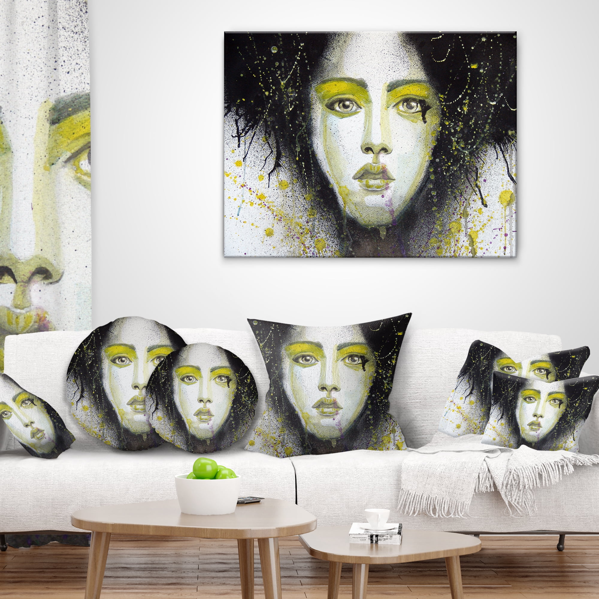 Designart Girl with Yellow Eye line Large - Abstract Portrait Throw Pillow - 12x20