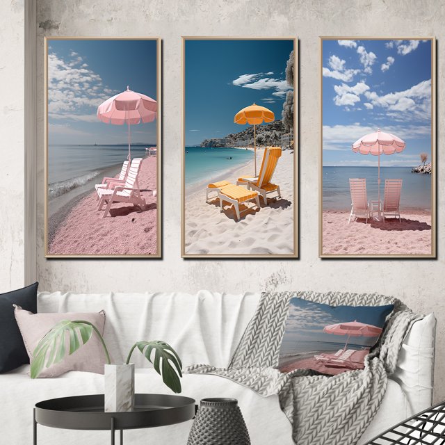 Designart "Romance on the Cote d Azur Pink French Charm II" Nautical & Beach Framed Wall Art Set Of 3 - Pink France Frame Gallery Wall Set For Home Decor