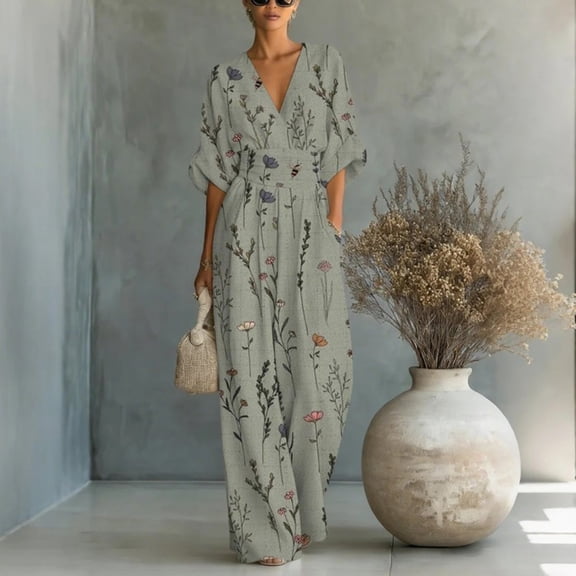Women Dressy Casual Jumpsuits Elegant V Neck Short Sleeve High Waist Side Ruched Romper Summer Casual Boho Floral Short Sleeve Jumpsuit Summer Short Sleeves Wide Leg Pants(Army Green,XXXL)