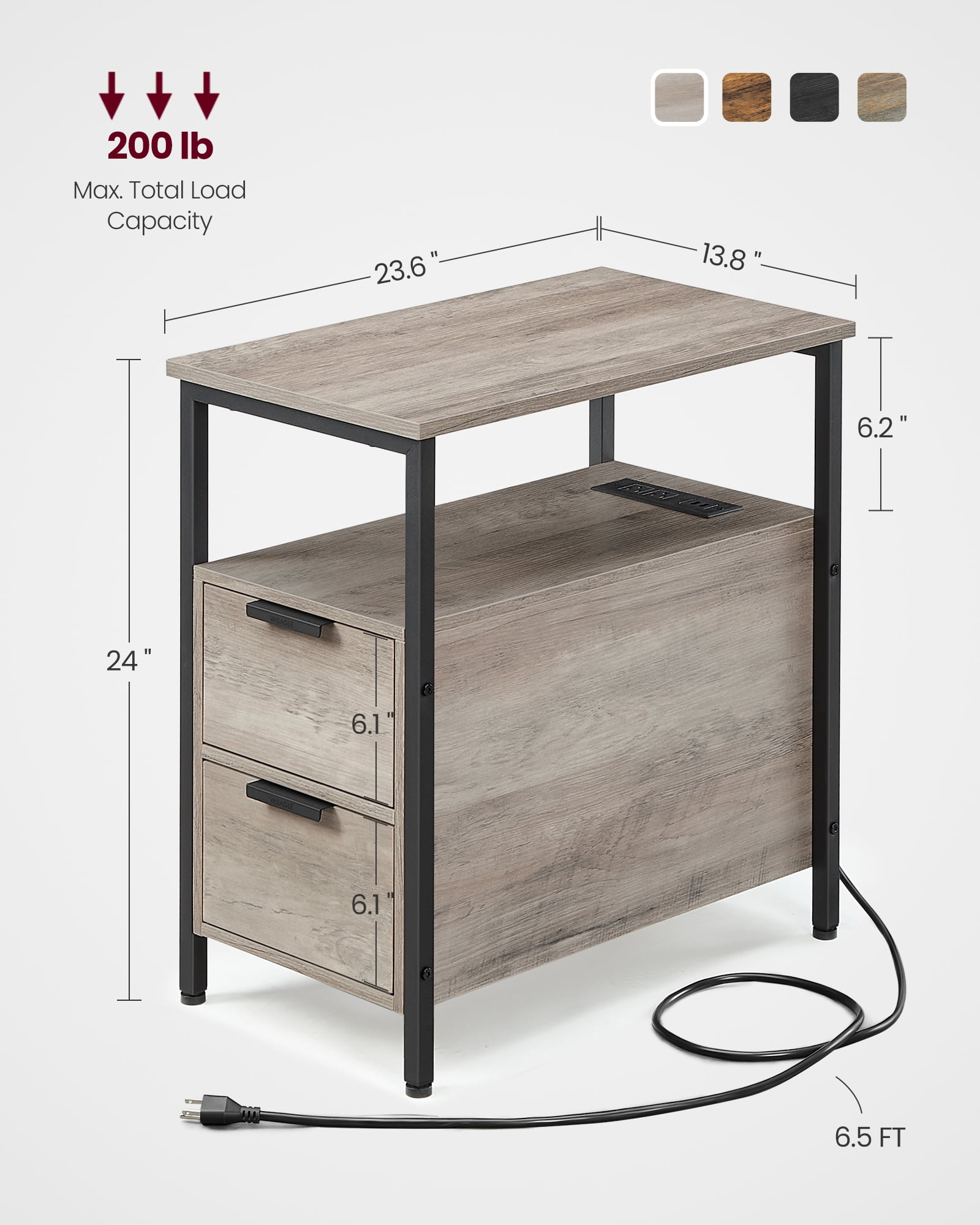Side Table with Charging Station, Narrow End Table with 2 Drawers, Slim Nightstand and Bedside Table with Storage Greige and Black