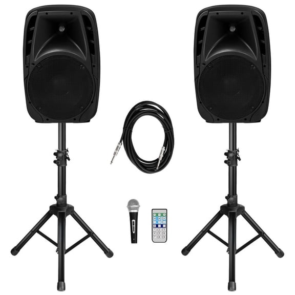 Furnibear Dual 10 Inch 1600W Powered PA Speaker System with Bluetooth Microphone Remote and Adjustable Tripod Stands for Parties, Black