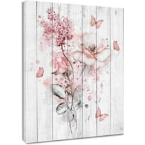 Aesthetic Floral Wall Art Pink Flower with Butterfly Canvas Wall Art for Bathroom Rustic Plant Wood Framed Painting Prints Wall Decor for Living Room Bedroom Dorm,12Wx16L inches