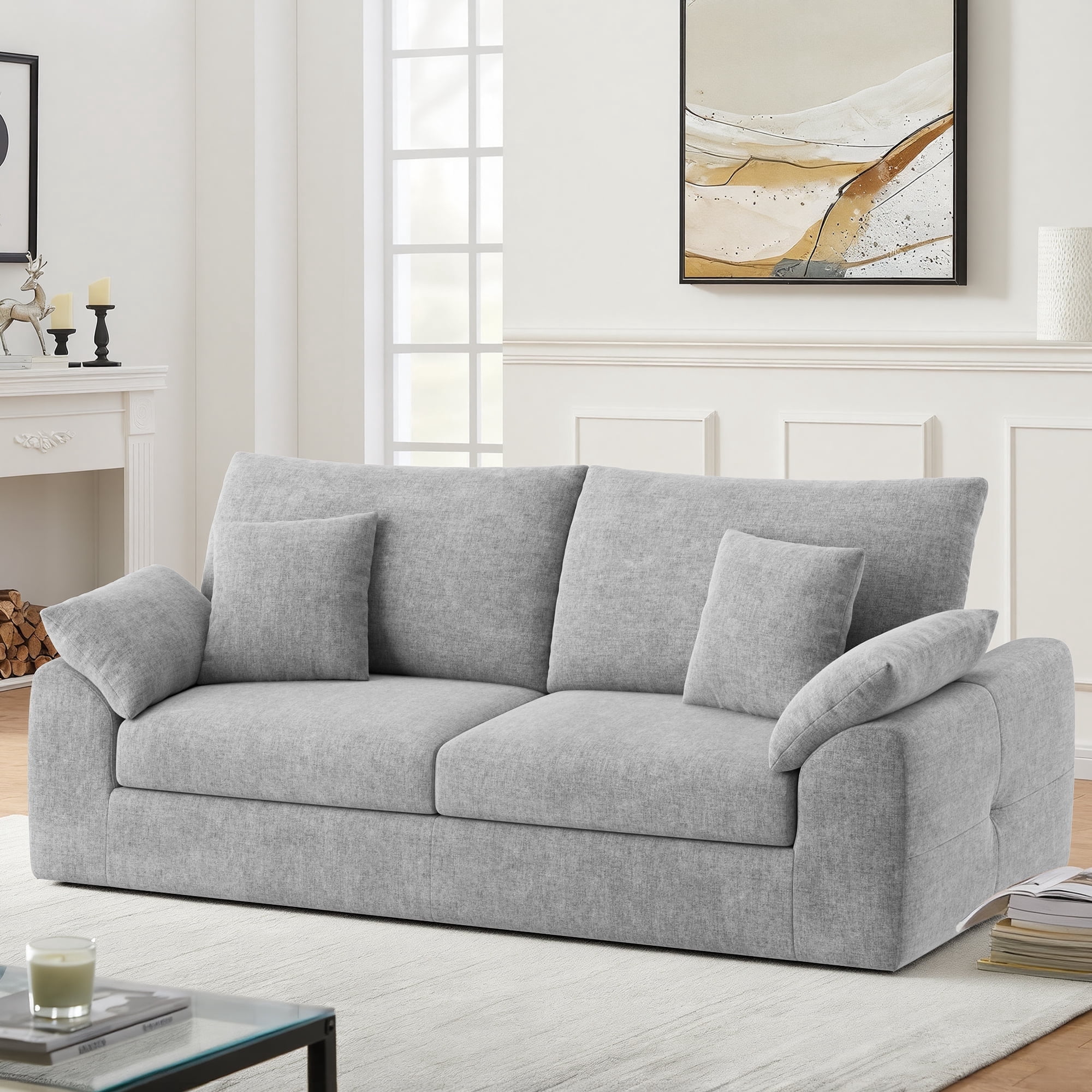 EOP 89.8" Wide Cloud Compression Sofa, Full Sponge Loveseat with Deep Seat, Upholstered Couch with 4 Pillows, No Assembly Required for Small Living Spaces, Light Gray