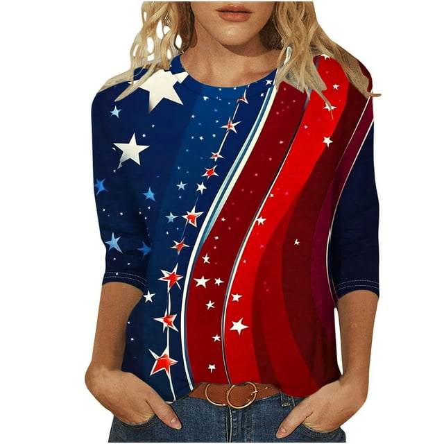 Staron Jolis Hauts pour Femmes Liquidation T-Shirts Décontractés Amples à Manches 3/4 Graphiques Col Rond 4 Juillet Tendance Drapeau Américain Tunique Patriotique