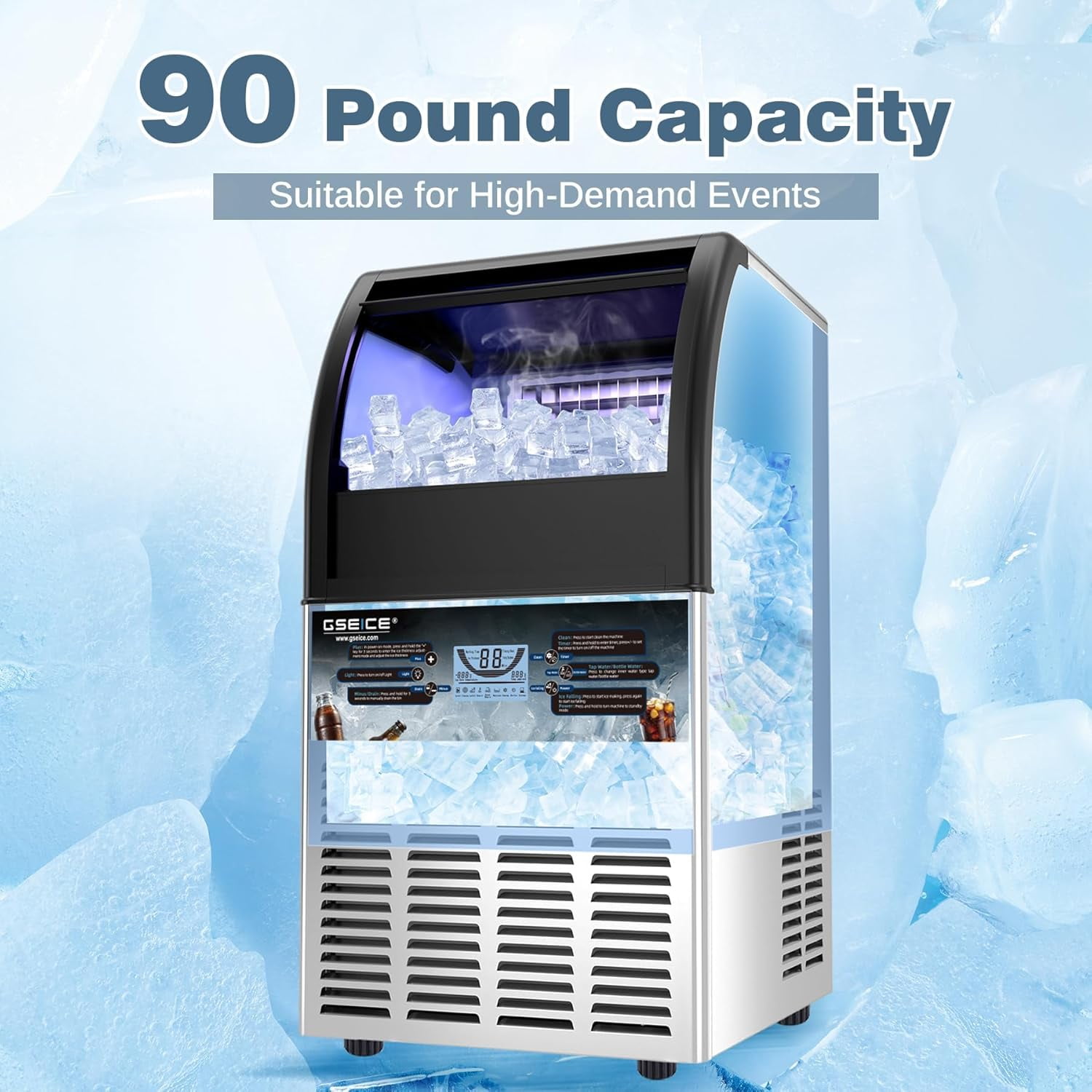 GSEICE ETL-Certified Commercial Ice Maker Machine 90Lbs/24H, Freestanding Fast Business Ice Maker, Self-Cleaning Ice Machine with LED Display for Bar, Office, Cafe, Hotel