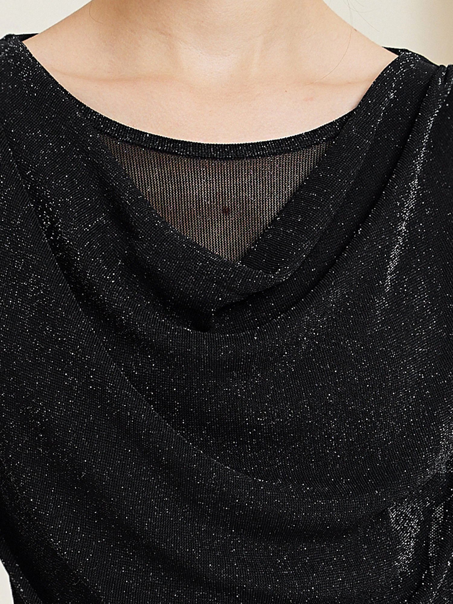 DARING DIVA Women's Ruched Cowl Neck Long Sleeves Glitter Tops S Black