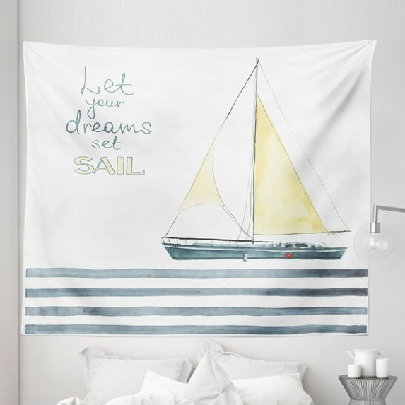 Inspirational Tapestry, Let Your Dreams Set Sail Words Stripes Yacht Interior Navigation Theme, Fabric Wall Hanging Decor for Bedroom Living Room Dorm, 5 Sizes, Pale Blue White, by Ambesonne