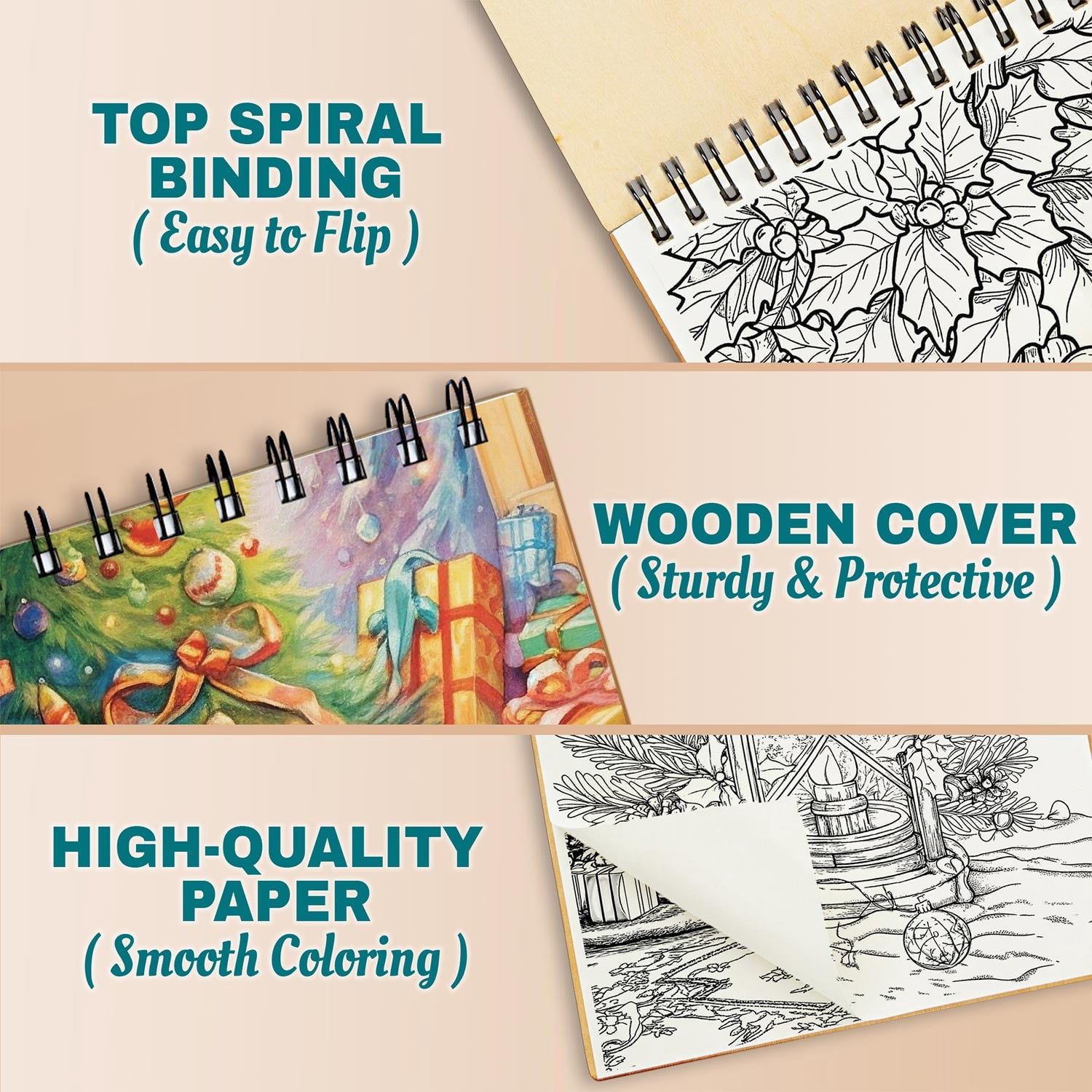 Netecom Wonderful Christmas Coloring Book Spiral Bound For Adults, A5 Wooden Cover, 30 Charming Coloring Pages of Holiday Decorations for Stress Relief and Relaxation