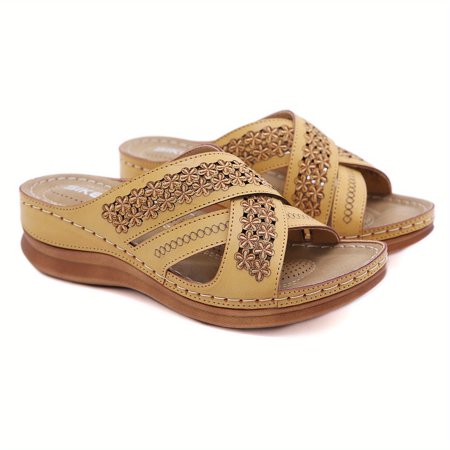 

Women‘s Floral Cross Wedge Slides Open Toe Solid Color Non-slip Boho Style Shoes Casual Seaside Sandals
