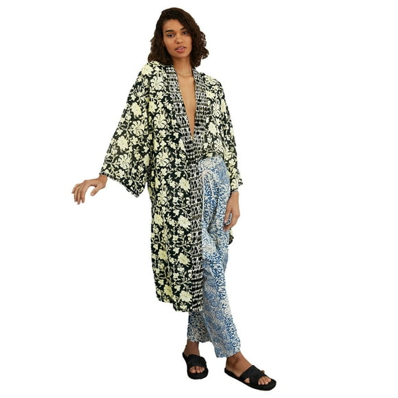 Pompotops Womens Flowy Kimono Cardigan Open Front Dress Printed Chiffon Blouse Loose Tops