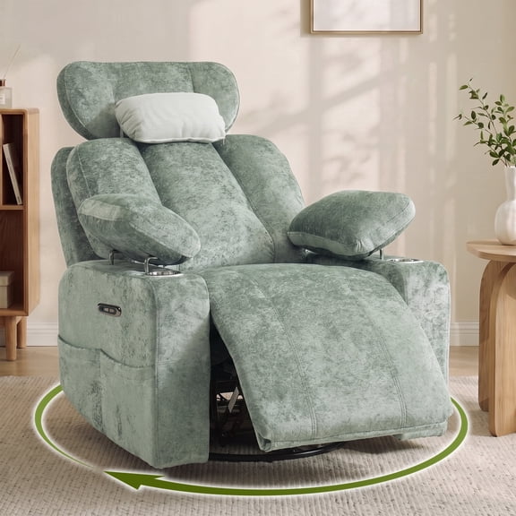 HASLE Power Swivel Recliner Chair, 360° Rocking Nursery Chair with USB Charging, Cup Holders & Chenille Fabric